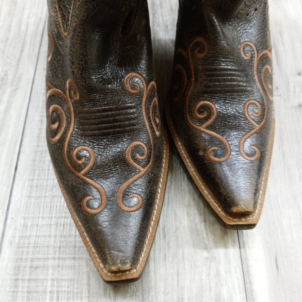 Ariat Dark Brown Leather Heeled Western Boots with Tan Stitching - Picture 10 of 15